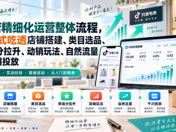 【精】李哥电商-抖店精细化运营整体流程，一站式吃透店铺搭建、类目选品、体验分拉升、动销玩法、自然流量与千川投放