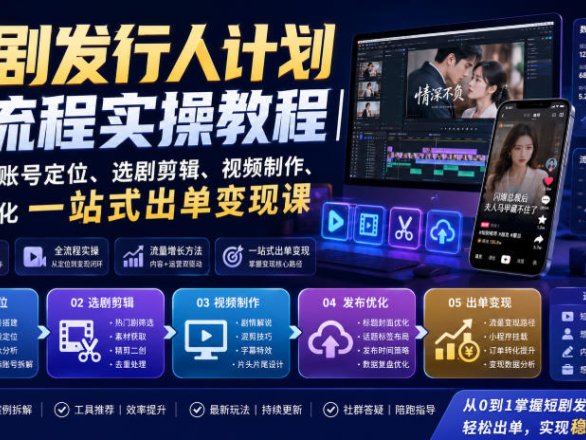 短剧发行人计划全流程实操教程｜零基础账号定位、选剧剪辑、视频制作、发布优化一站式出单变现课